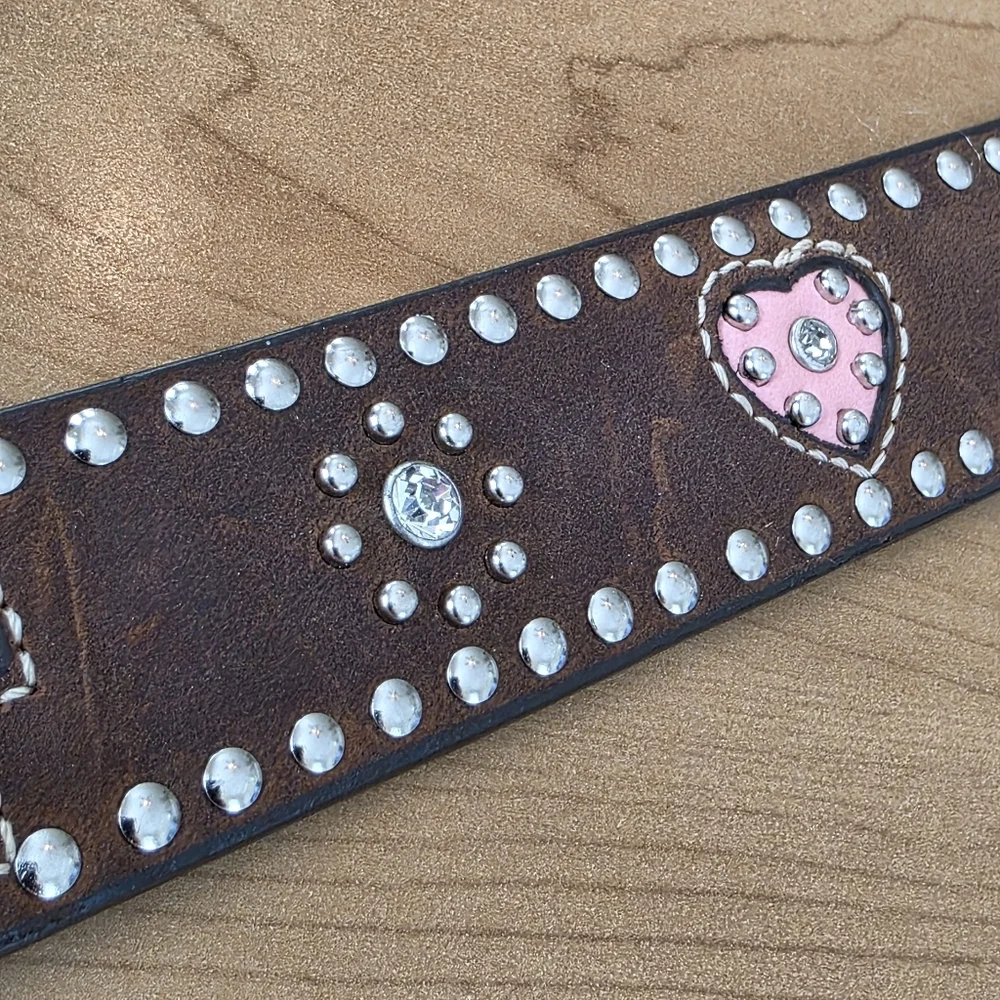 Nocona Girls Western Brown Leather Belt Pink Rhinestone Cross Studded Size 28